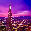 Transamerica Pyramid illuminated at night during a San Francisco Jeep sightseeing tour