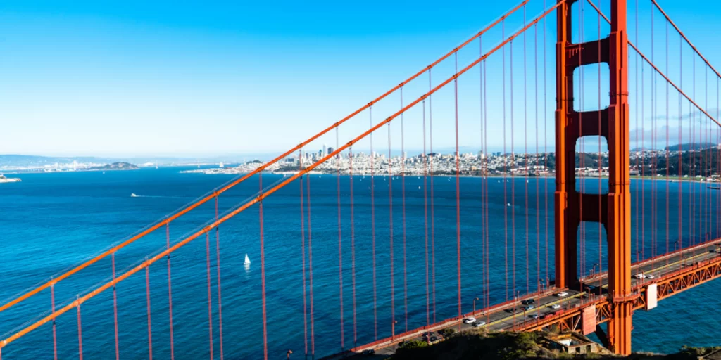 Golden Gate Bridge with the San Francisco skyline visible in the distance