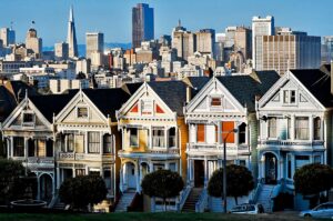 The Painted Ladies Victorian houses overlooking Alamo Square Park in San Francisco