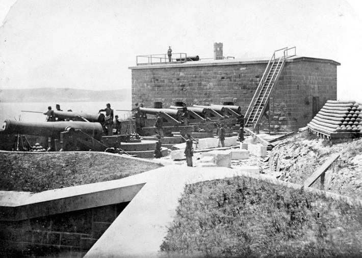 An 1864 photo of the South Caponier and Cannons on Alcatraz