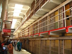 Interior view of Alcatraz Cellhouse showing prison cells along the Broadway corridor during an Alcatraz island tour