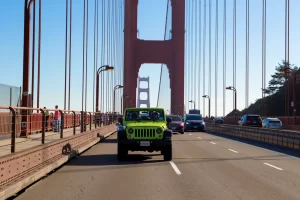 Private open-air Jeep sightseeing tour crossing the Golden Gate Bridge in San Francisco