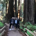 Four guests standing among towering giant redwood trees during a Muir Woods National Park tour from San Francisco